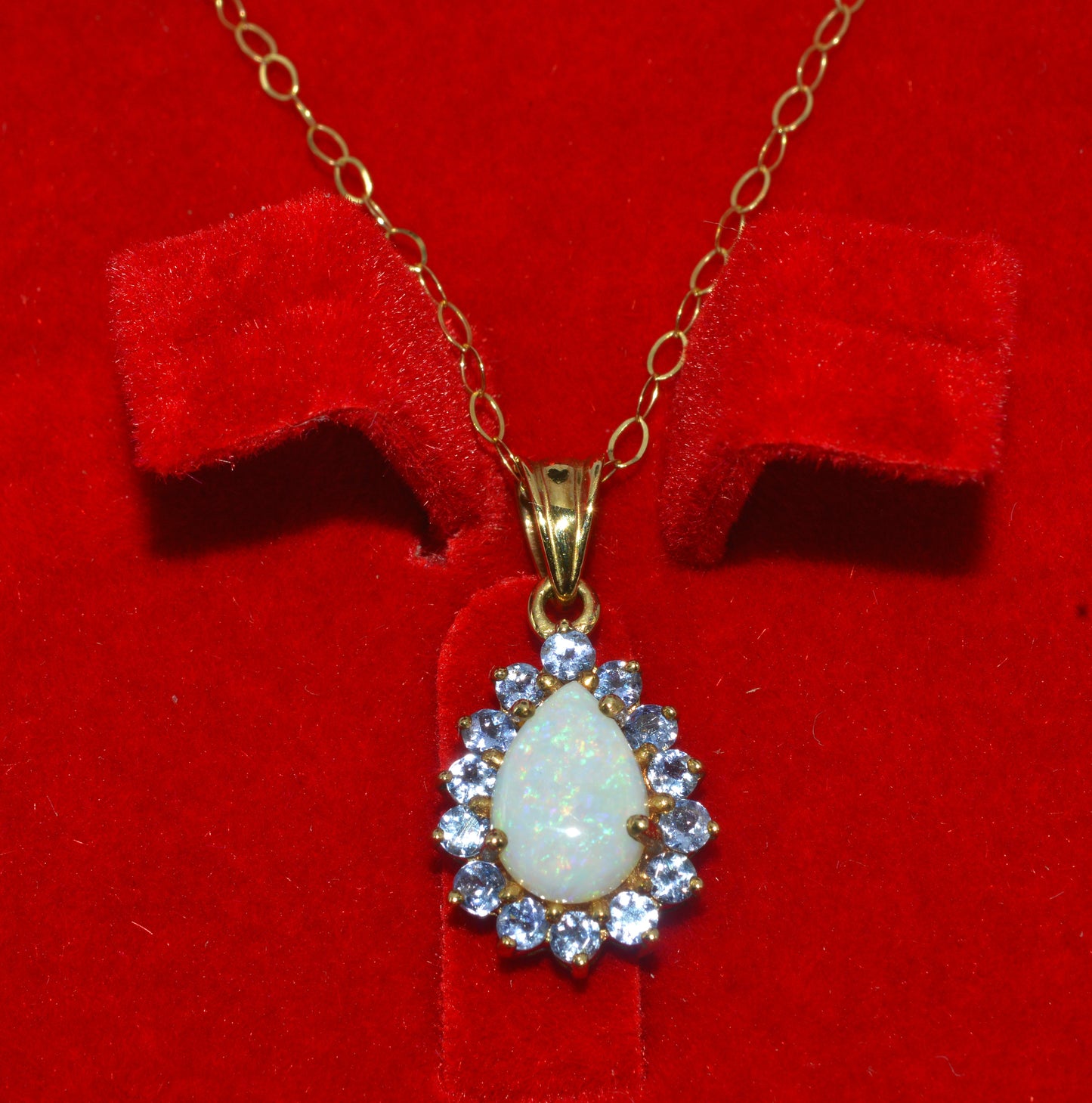 9ct Gold - Pear Cut Opal & Tanzanite Cluster Necklace front