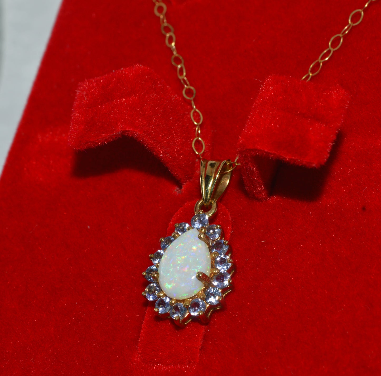 9ct Gold - Pear Cut Opal & Tanzanite Cluster Necklace left