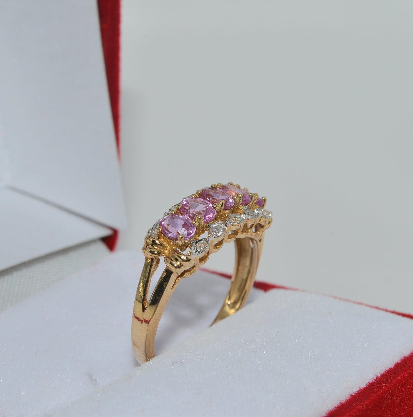 9ct Gold - Pink Sapphire & Diamond Ring upright right