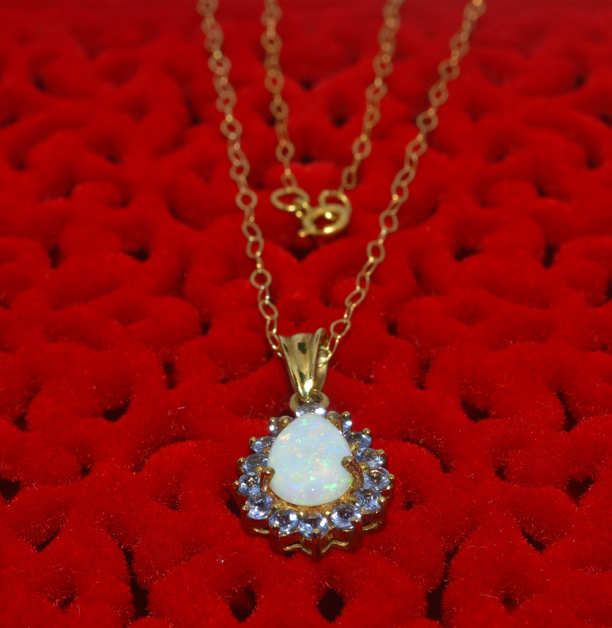 9ct Gold - Pear Cut Opal & Tanzanite Cluster Necklace top down