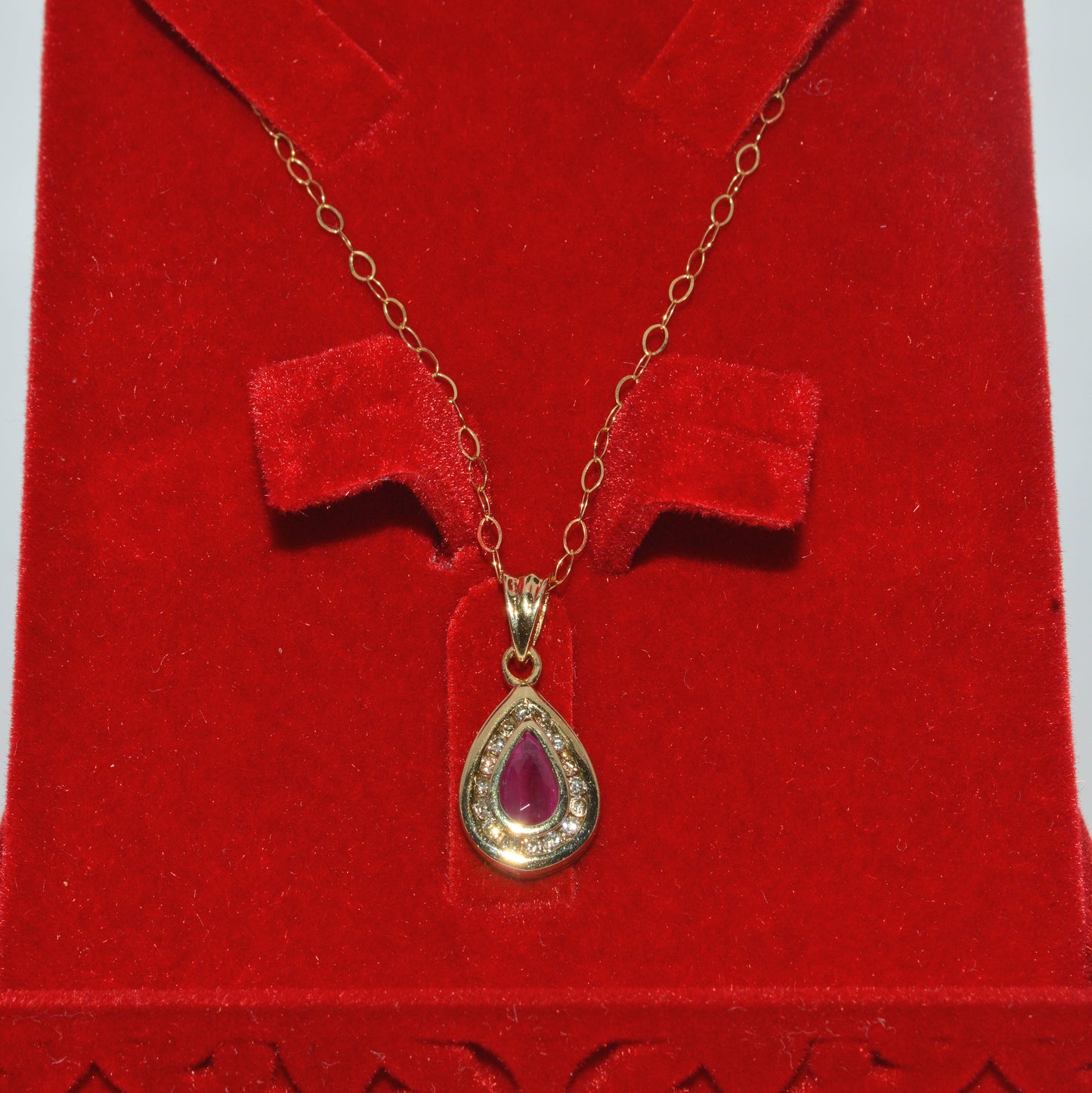 9ct Gold - Pear Cut Ruby & Diamond Cluster Necklace far