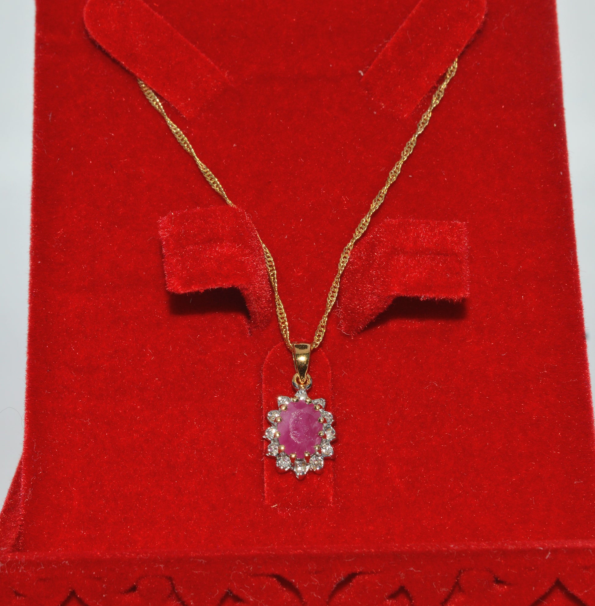 9ct Gold - Ruby & Diamond Cluster Necklace far front