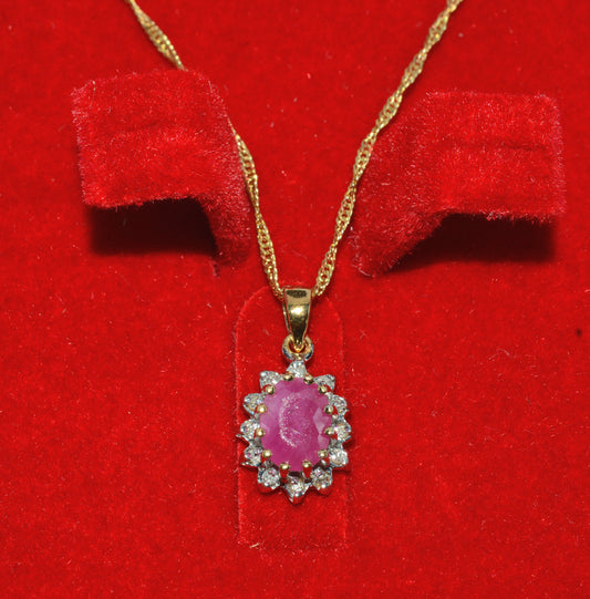 9ct Gold - Ruby & Diamond Cluster Necklace front close