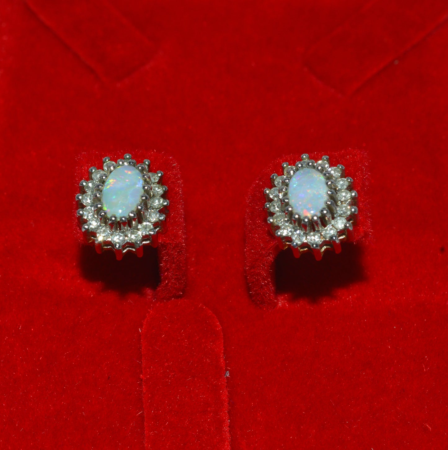 Vintage 1993 - 9ct Gold - Opal & Diamond Cluster Earrings up