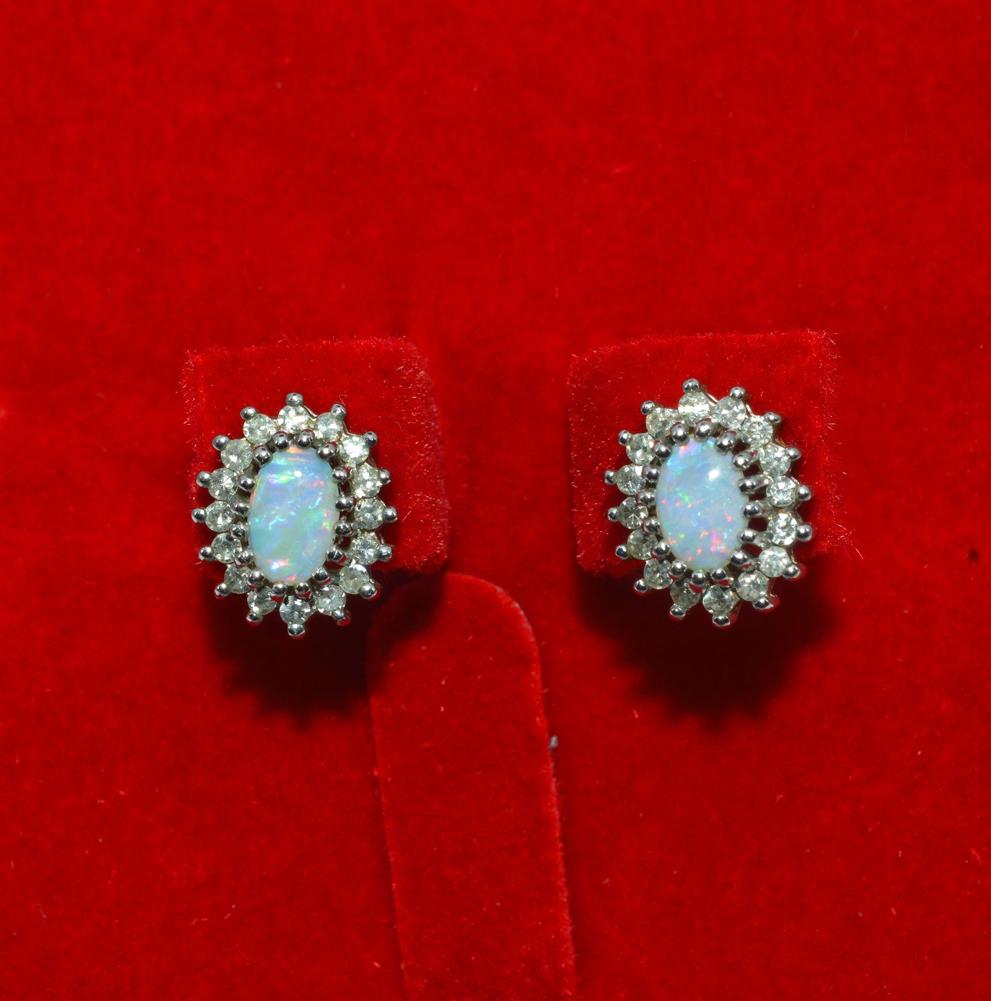 Vintage 1993 - 9ct Gold - Opal & Diamond Cluster Earrings front