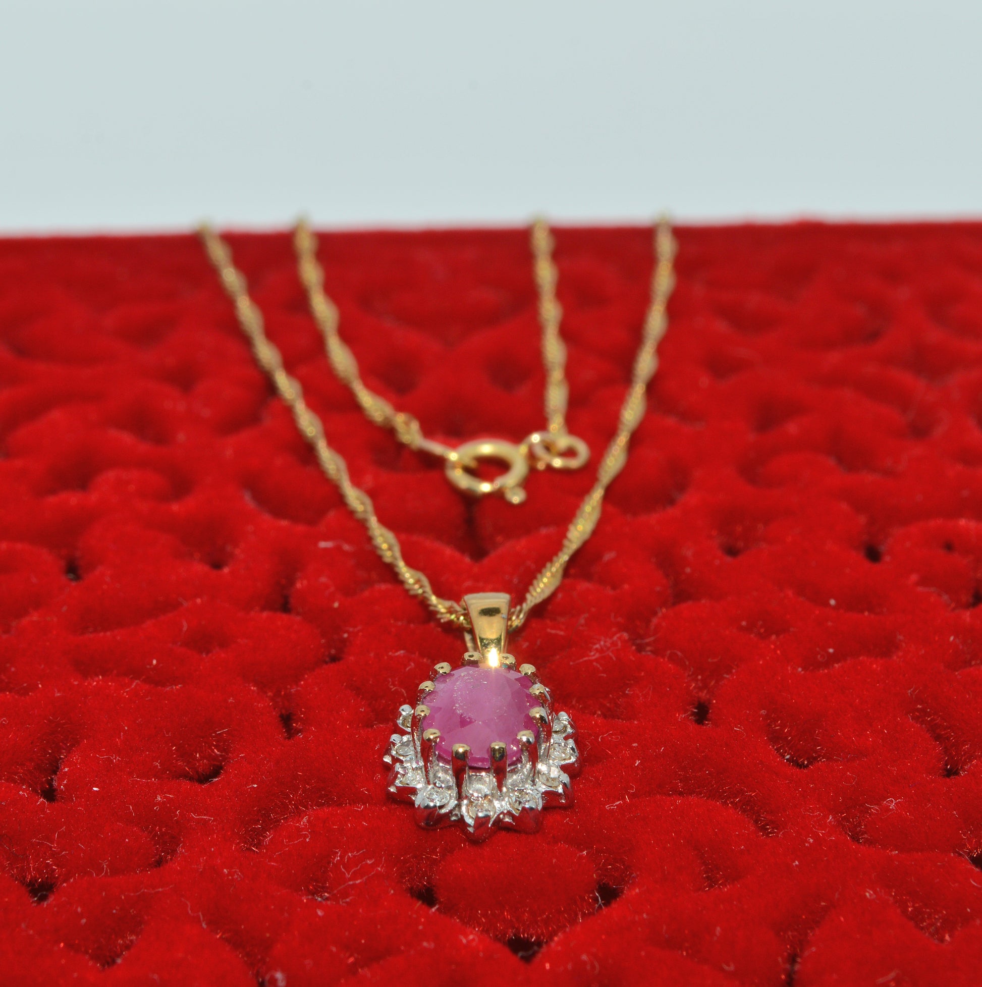 9ct Gold - Ruby & Diamond Cluster Necklace top down