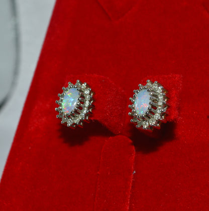 Vintage 1993 - 9ct Gold - Opal & Diamond Cluster Earrings left