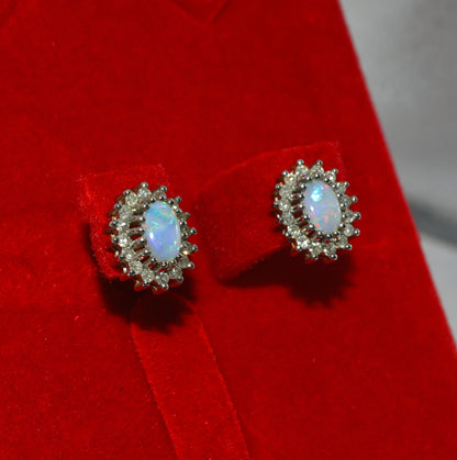 Vintage 1993 - 9ct Gold - Opal & Diamond Cluster Earrings right