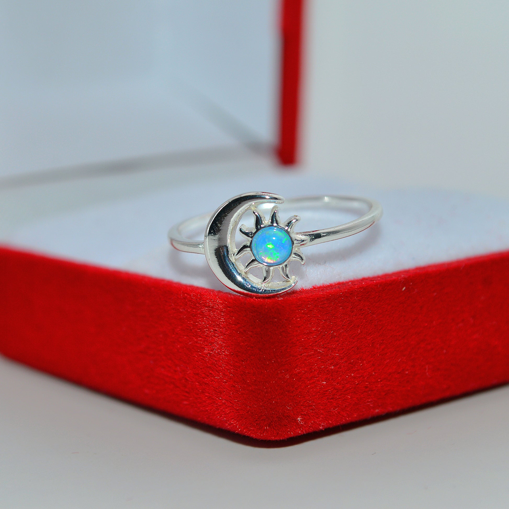 Sterling Silver - Moon & Sun Opal Ring front on box