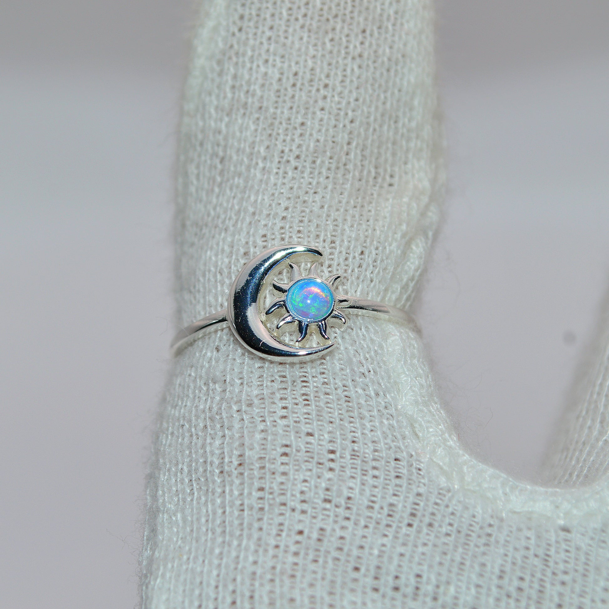 Sterling Silver - Moon & Sun Opal Ring top down finger