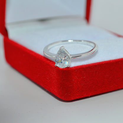Sterling Silver - Pear Cut Cz Solitaire Ring left side far