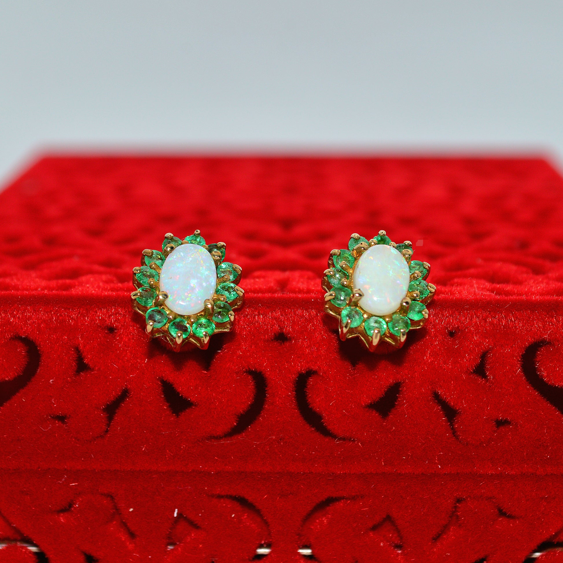 9ct Gold - Opal & Emerald Earrings front on