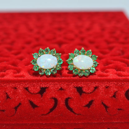 9ct Gold - Opal & Emerald Earrings emerald in focus