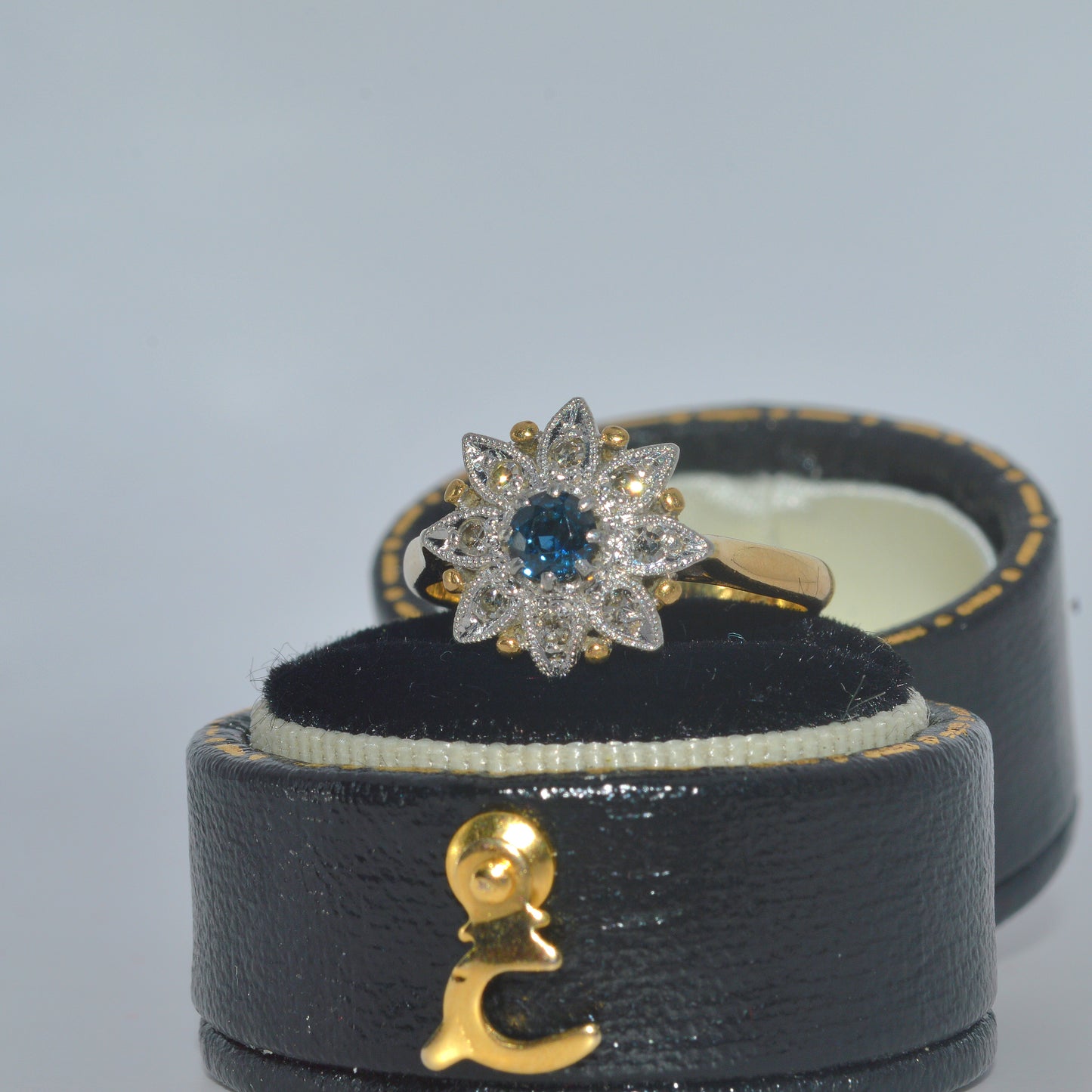 18ct Gold & Platinum - Sapphire & Diamond Flower Ring left 2