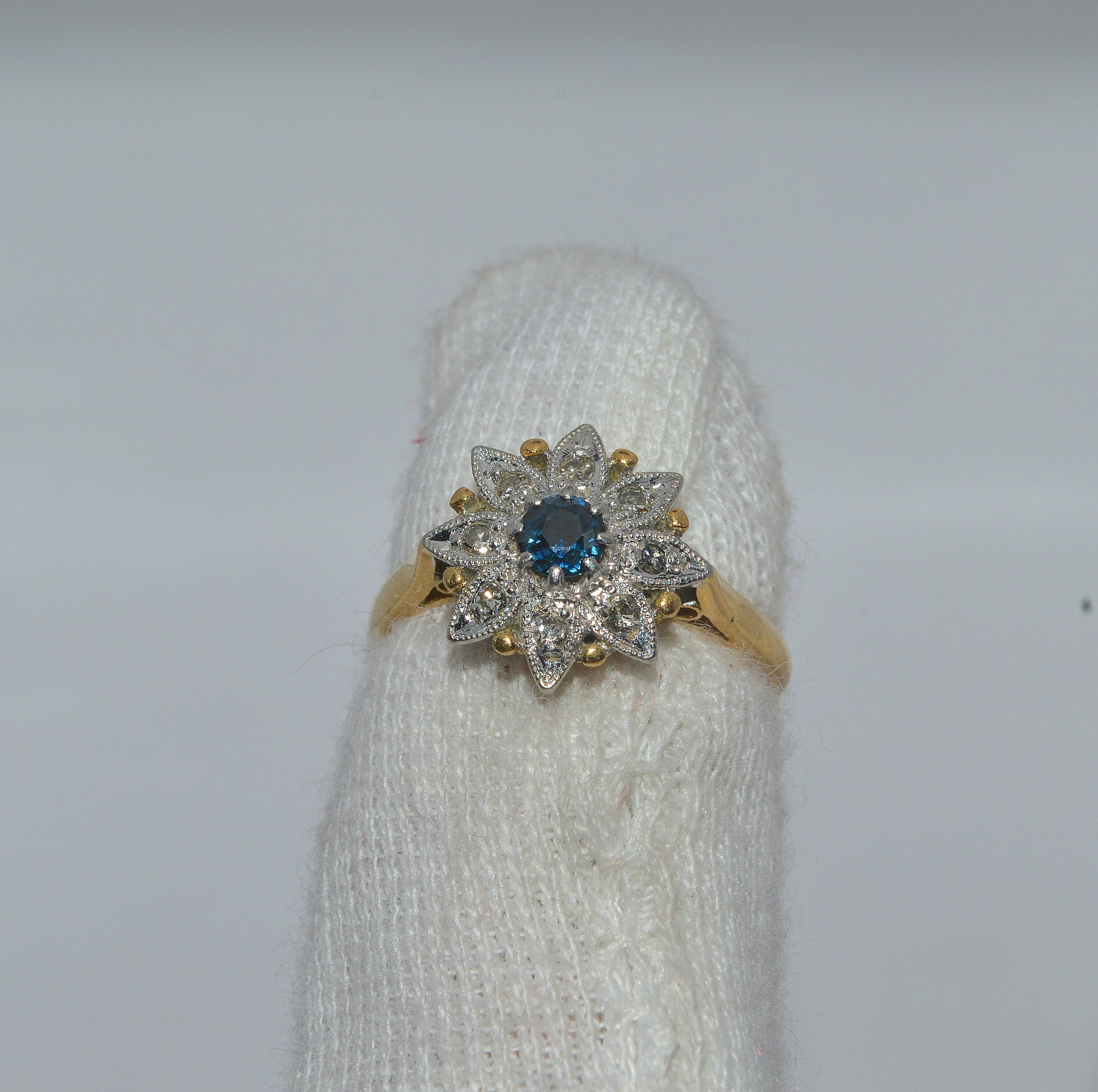 18ct Gold & Platinum - Sapphire & Diamond Flower Ring finger 1