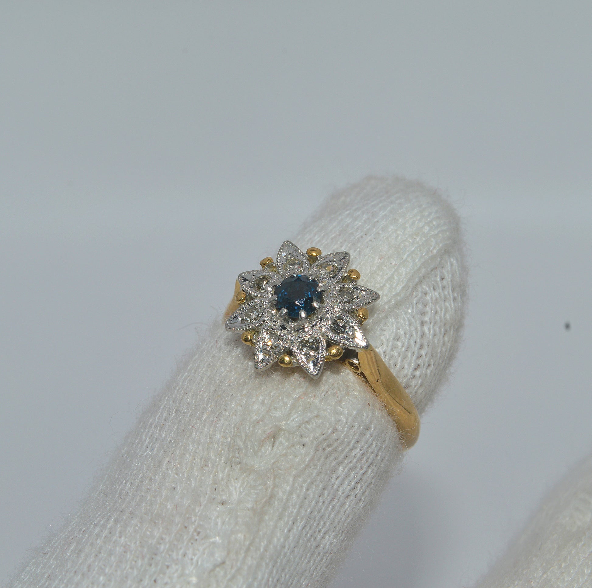 18ct Gold & Platinum - Sapphire & Diamond Flower Ring finger right