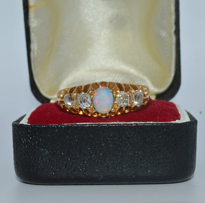 Victorian Era - Antique 18ct Gold - Opal & Diamond Ring front 2