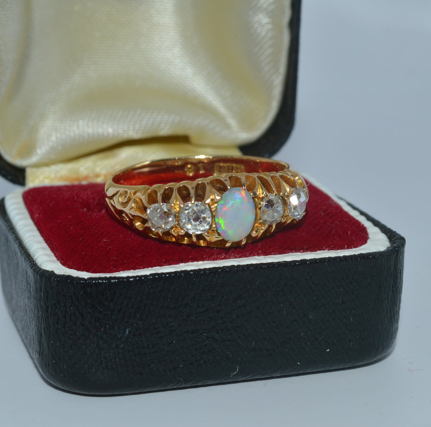 Victorian Era - Antique 18ct Gold - Opal & Diamond Ring right tilt