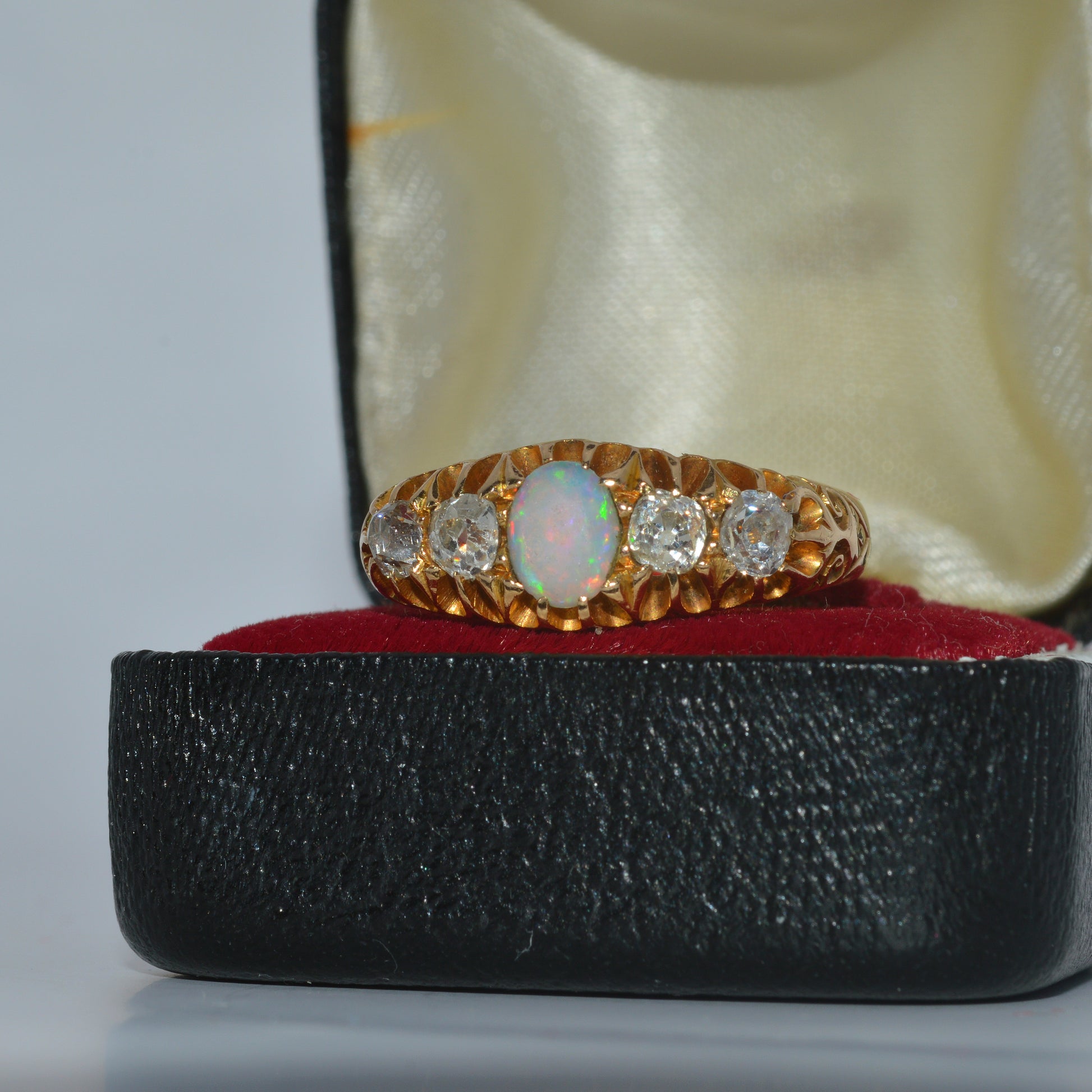 Victorian Era - Antique 18ct Gold - Opal & Diamond Ring left tilt