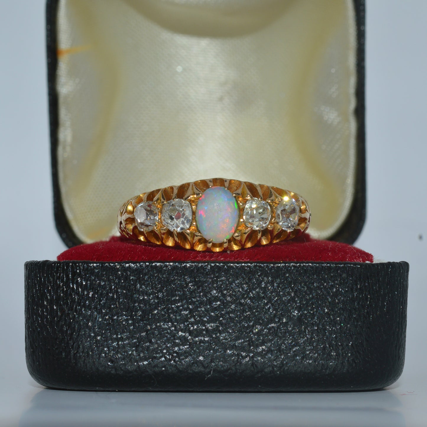 Victorian Era - Antique 18ct Gold - Opal & Diamond Ring front on