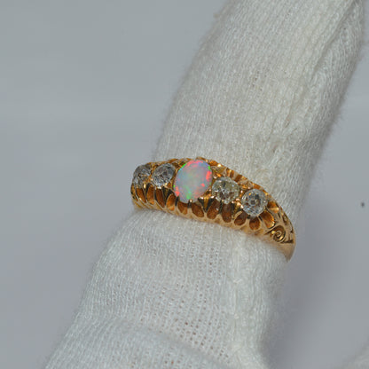 Victorian Era - Antique 18ct Gold - Opal & Diamond Ring finger left