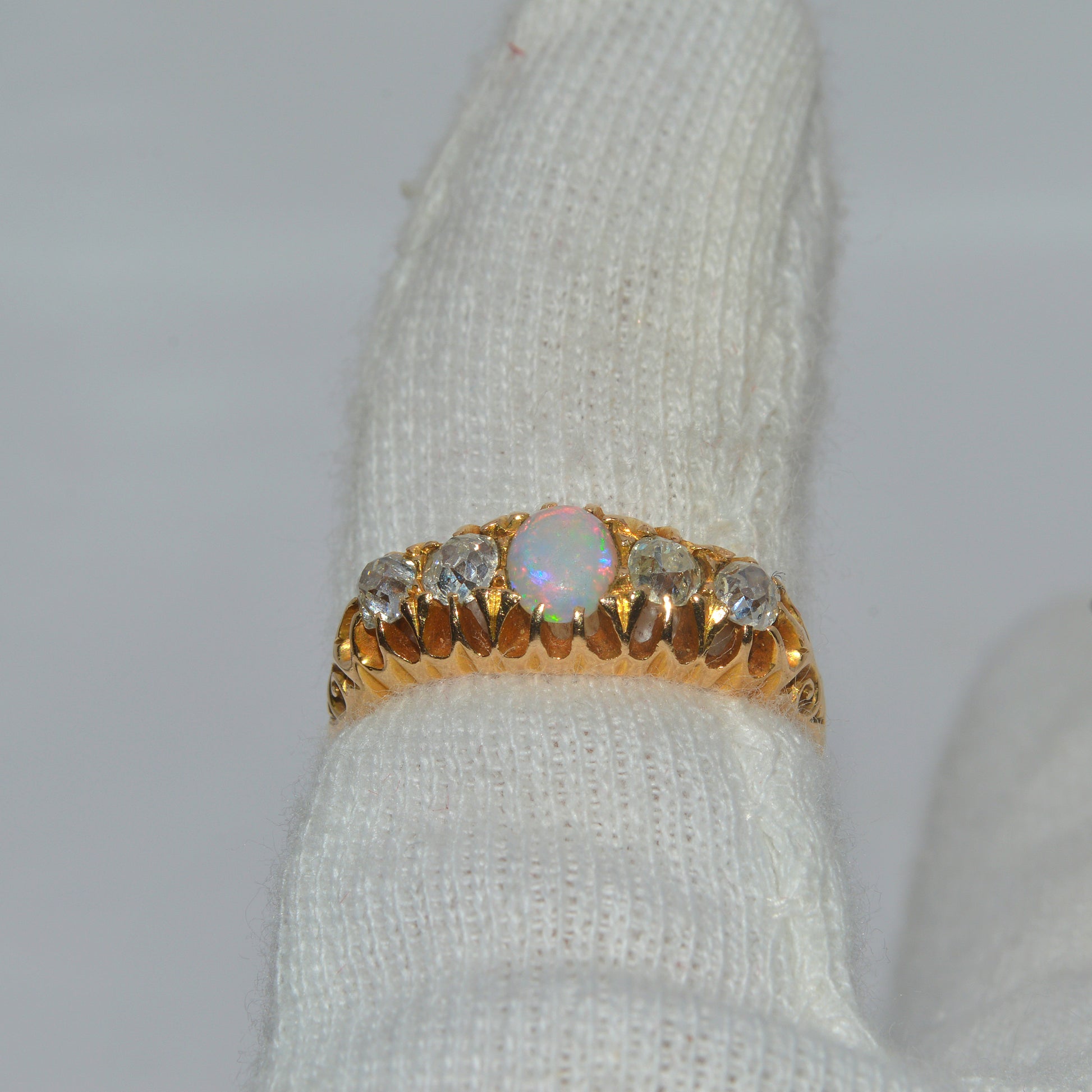 Victorian Era - Antique 18ct Gold - Opal & Diamond Ring finger back