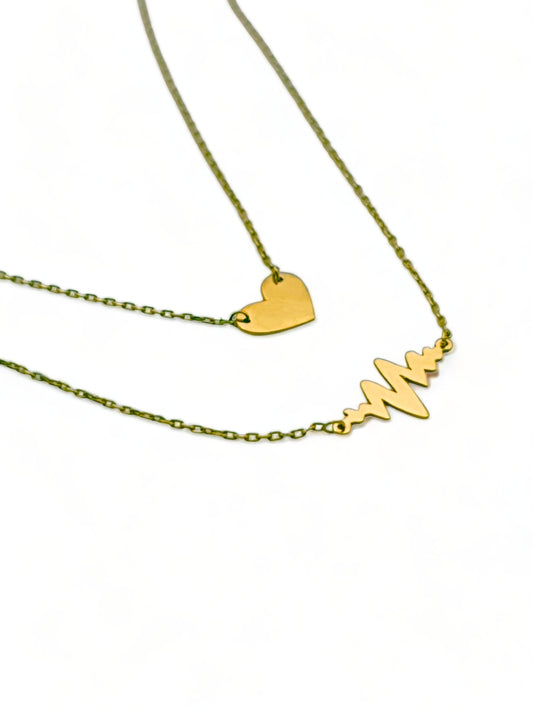 Solid 18ct Gold Women's Heartbeat Dual Necklace, top down photo