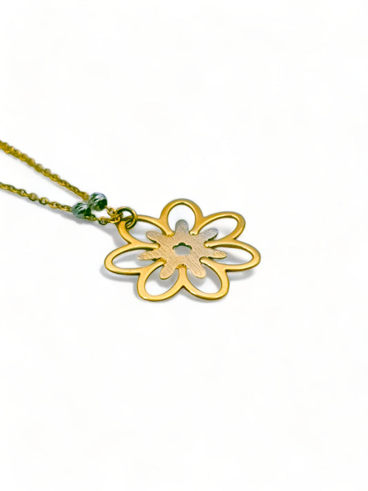 Solid 18ct Gold Women's Mandala Flower Necklace, top down photo