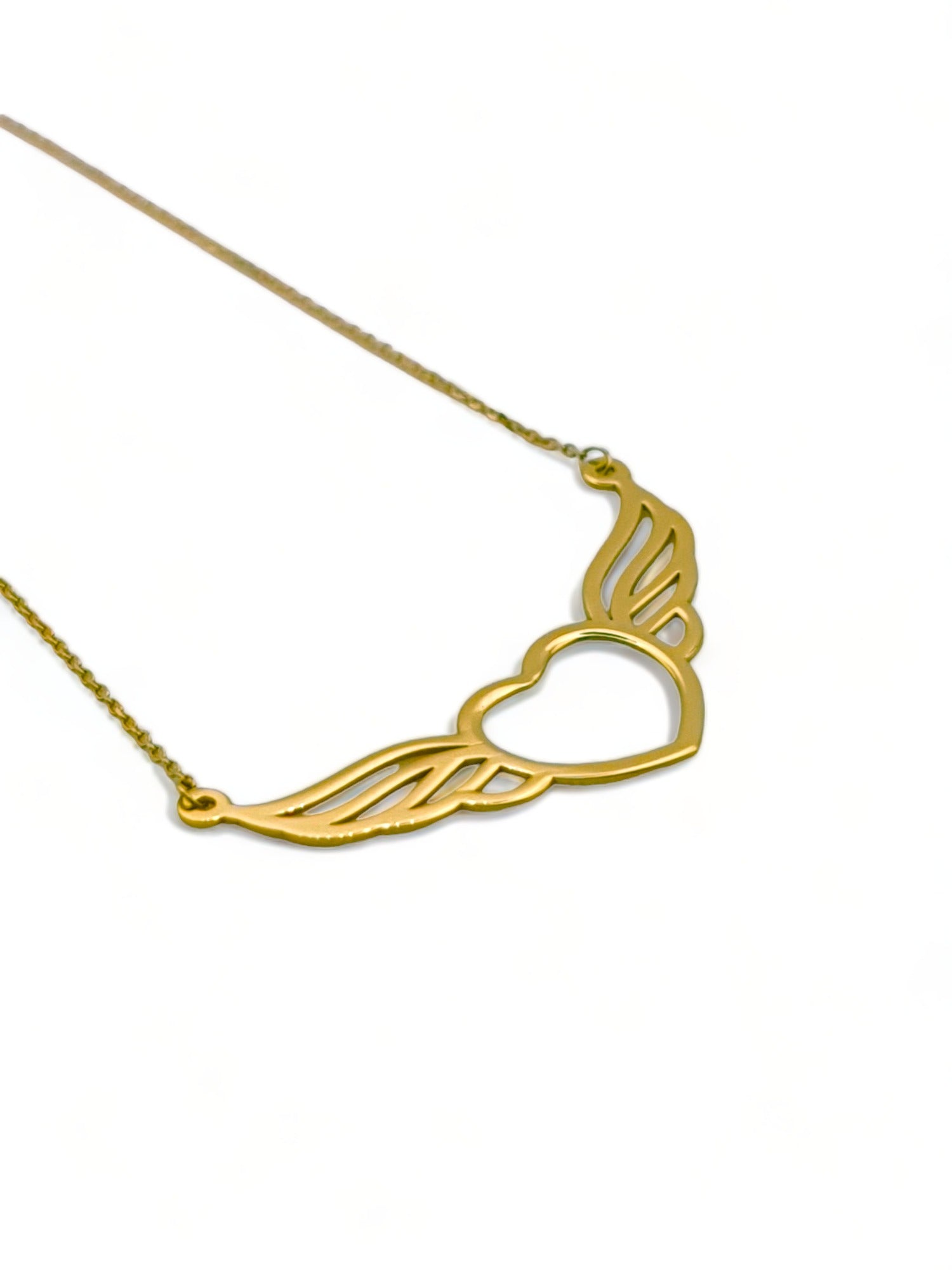 Solid 18ct Gold Women's Heart of an Angel Necklace, top down photo