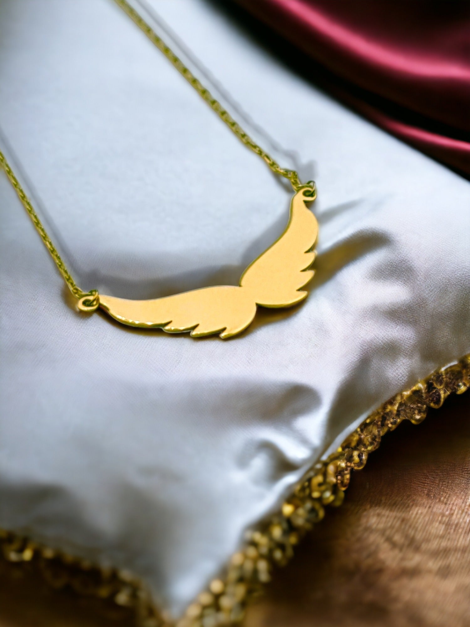 Solid 18ct gold women's Angel Wings Necklace Lifestyle Picture.