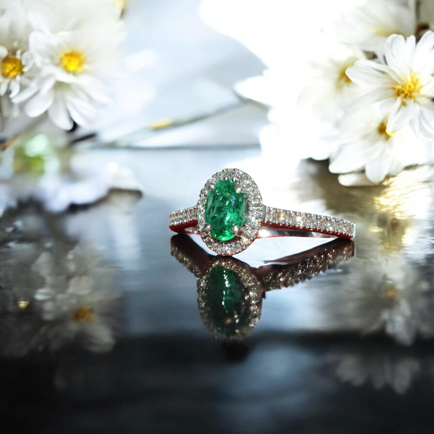 Platinum - Emerald & Diamond Cluster Engagement Ring left