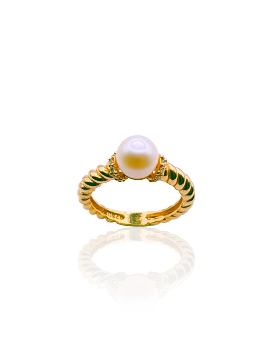 Solid 18ct Gold Women's Twist & Pearl Ring, Front on