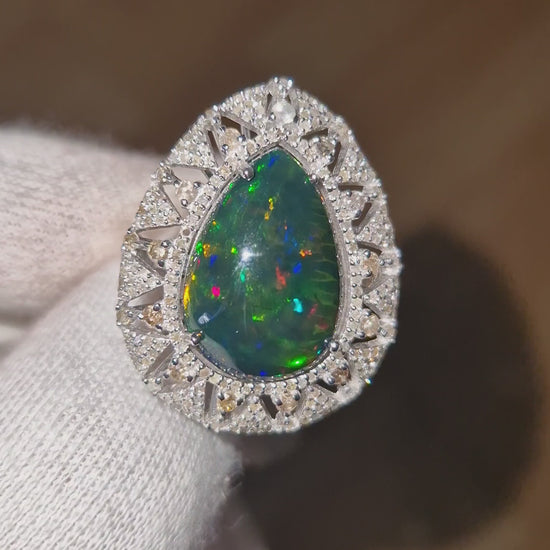 Silver - 6.15ct Pear Cut Black Opal & 1.4ct Diamond Cluster Ring video