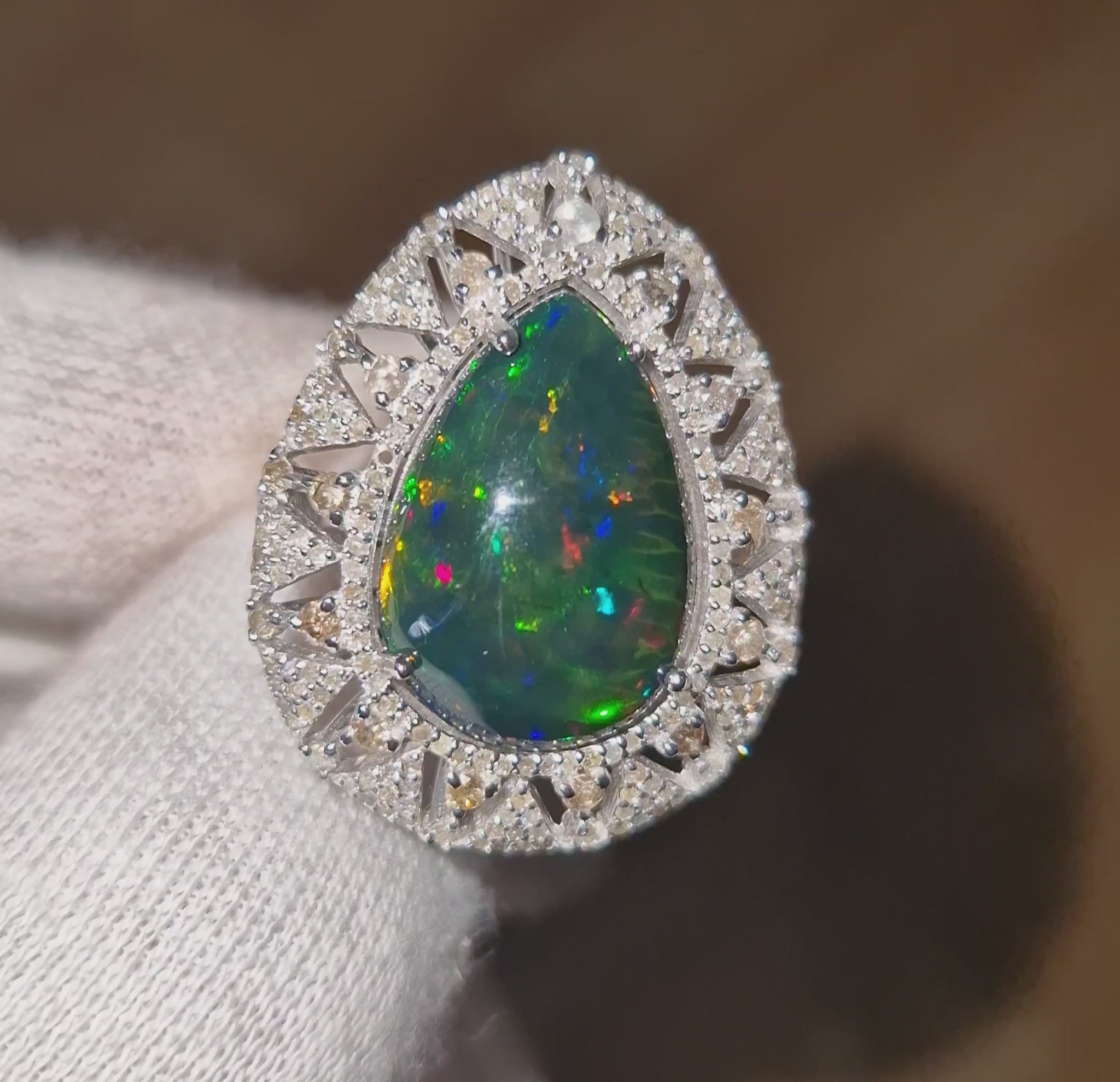 Silver - 6.15ct Pear Cut Black Opal & 1.4ct Diamond Cluster Ring video