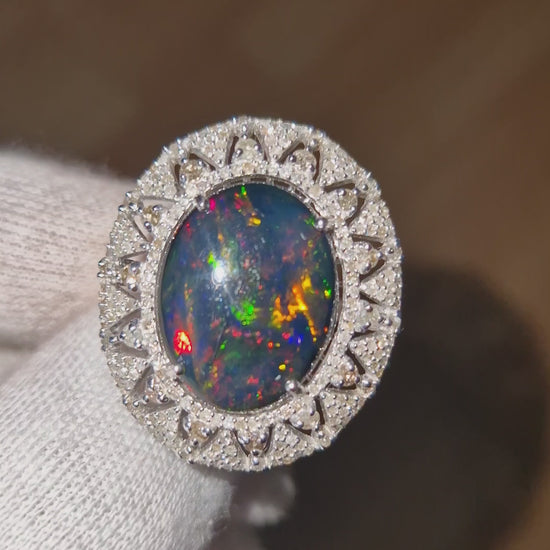 Silver - 6.33ct Black Opal & 1.32ct Diamond Cluster Ring video