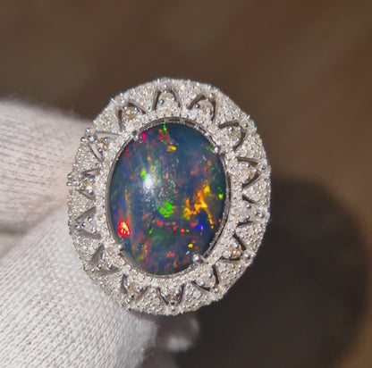 Silver - 6.33ct Black Opal & 1.32ct Diamond Cluster Ring video