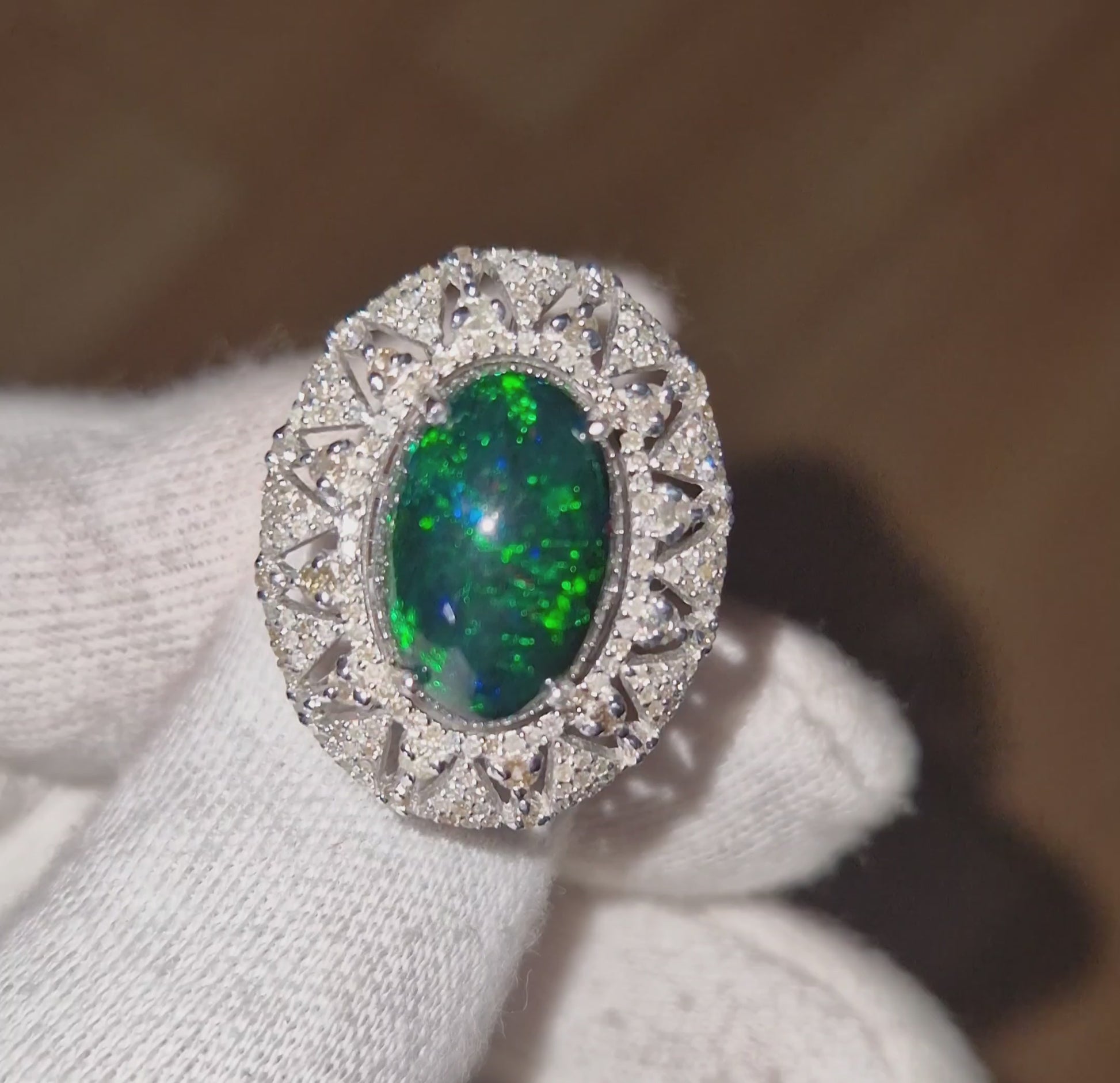 Silver - 7.09ct High Dome Black Opal & 1.5ct Diamond Cluster Ring video