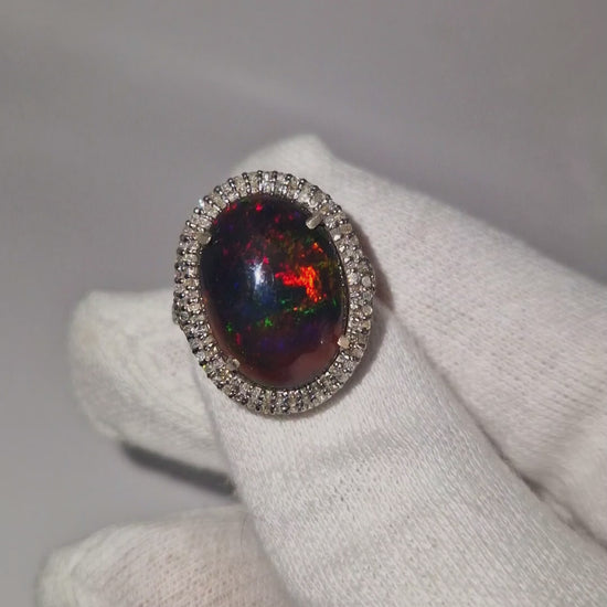 Silver - 8.22ct Black Opal & 0.8ct Diamond Cocktail Ring video