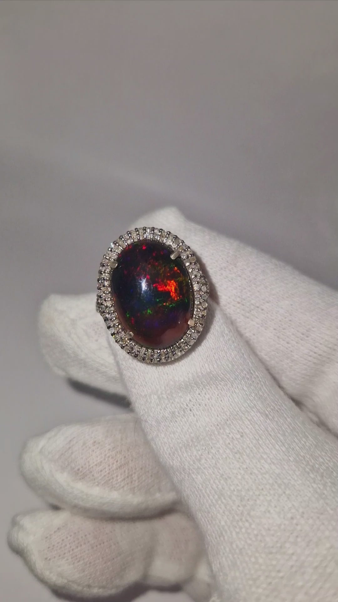 Silver - 8.22ct Black Opal & 0.8ct Diamond Cocktail Ring video