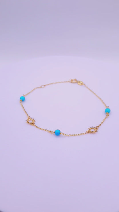 Solid 18ct Gold Women's Sun & Turquoise Bead Bracelet, product video