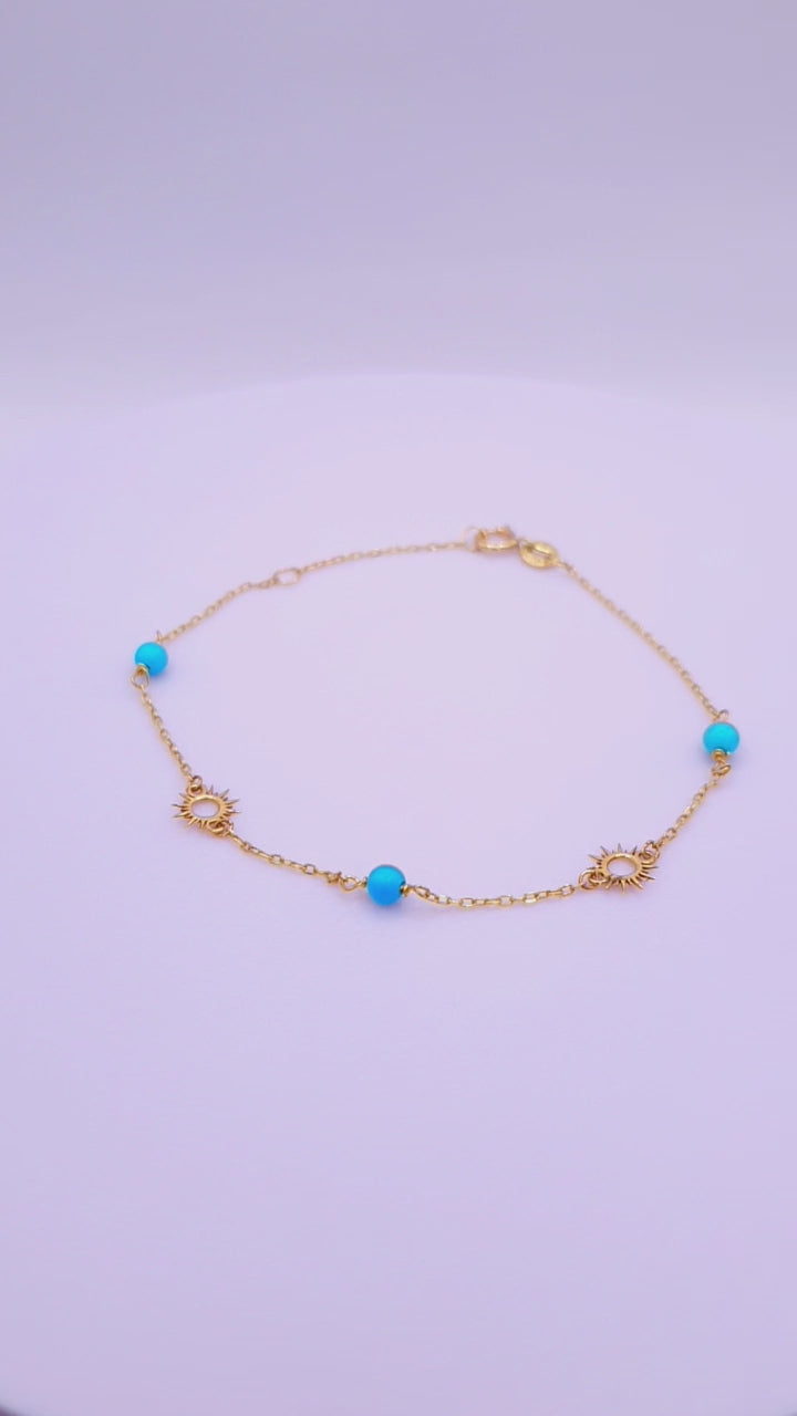 Solid 18ct Gold Women's Sun & Turquoise Bead Bracelet, product video