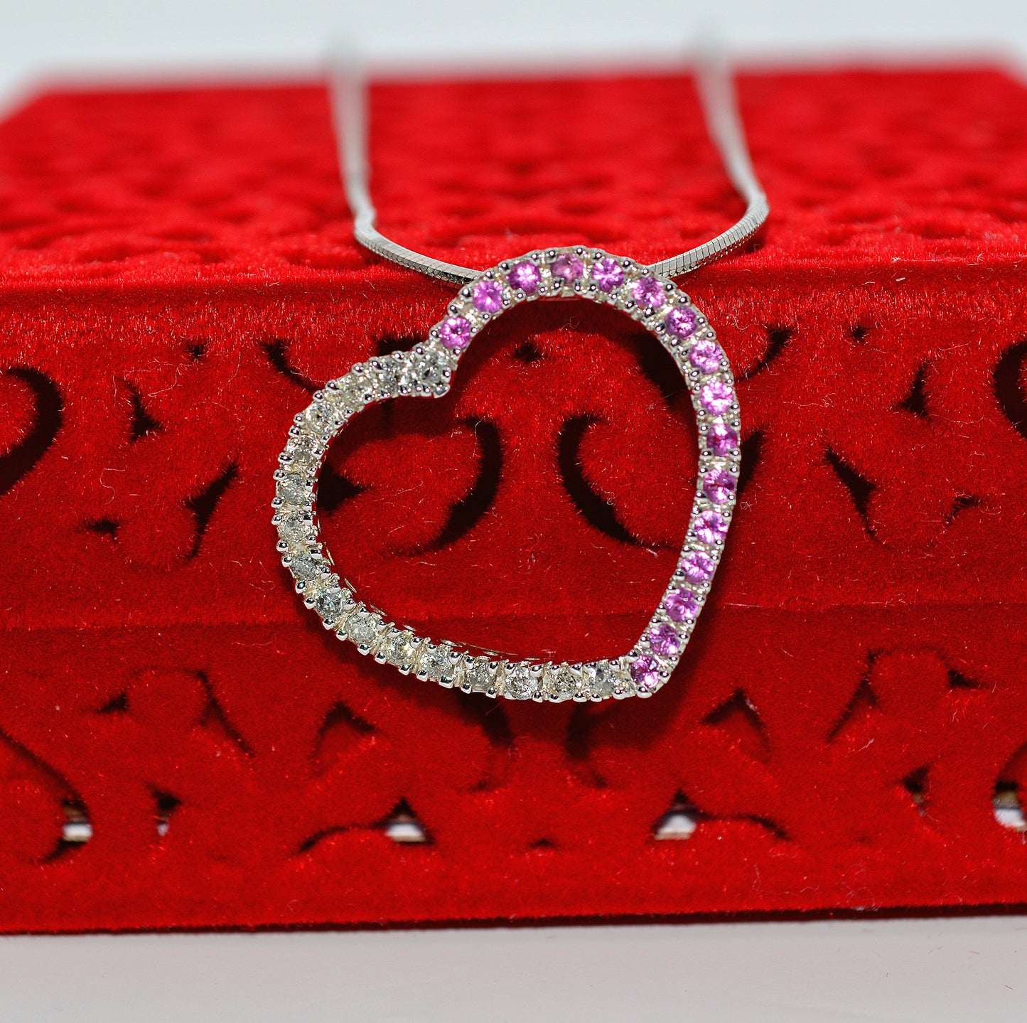 9ct White Gold - Ruby & Diamond Love Heart Necklace front outside box closer