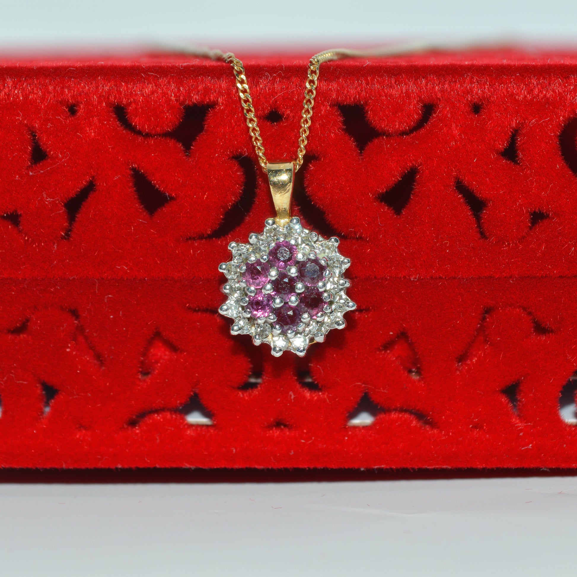 9ct Gold - Ruby & Diamond Cluster Necklace front close