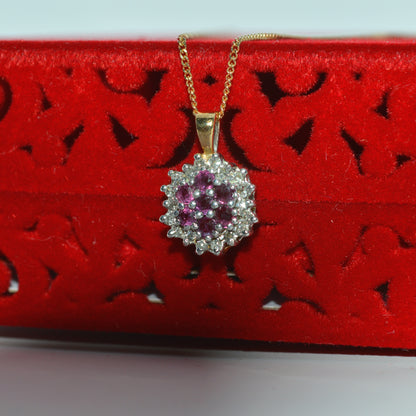 9ct Gold - Ruby & Diamond Cluster Necklace left tilt close