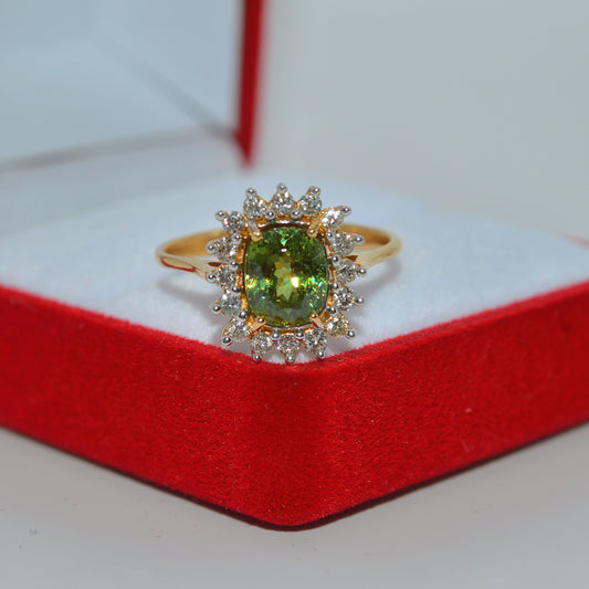 18ct Gold -Demantoid Garnet & Diamond Cluster Ring front close