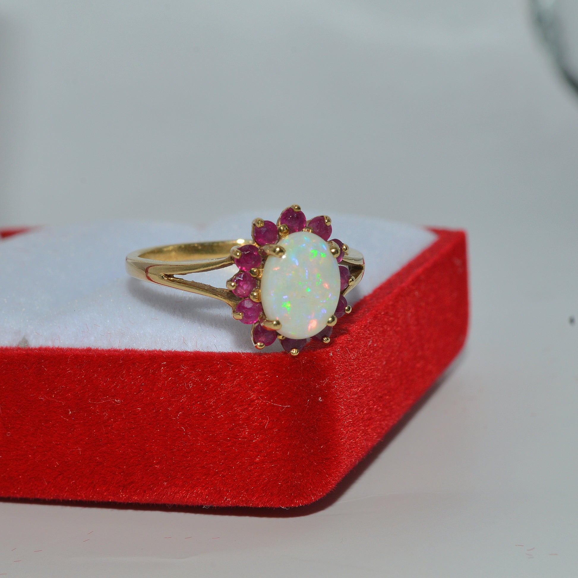 9ct Gold - Opal & Ruby Ring right tilt box