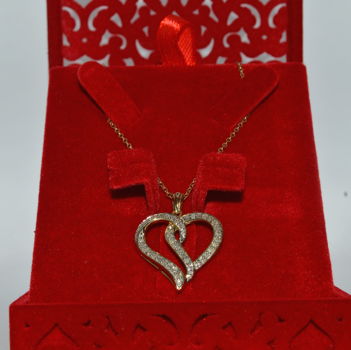 9ct Gold - Openwork Diamond Love Heart Necklace far front on