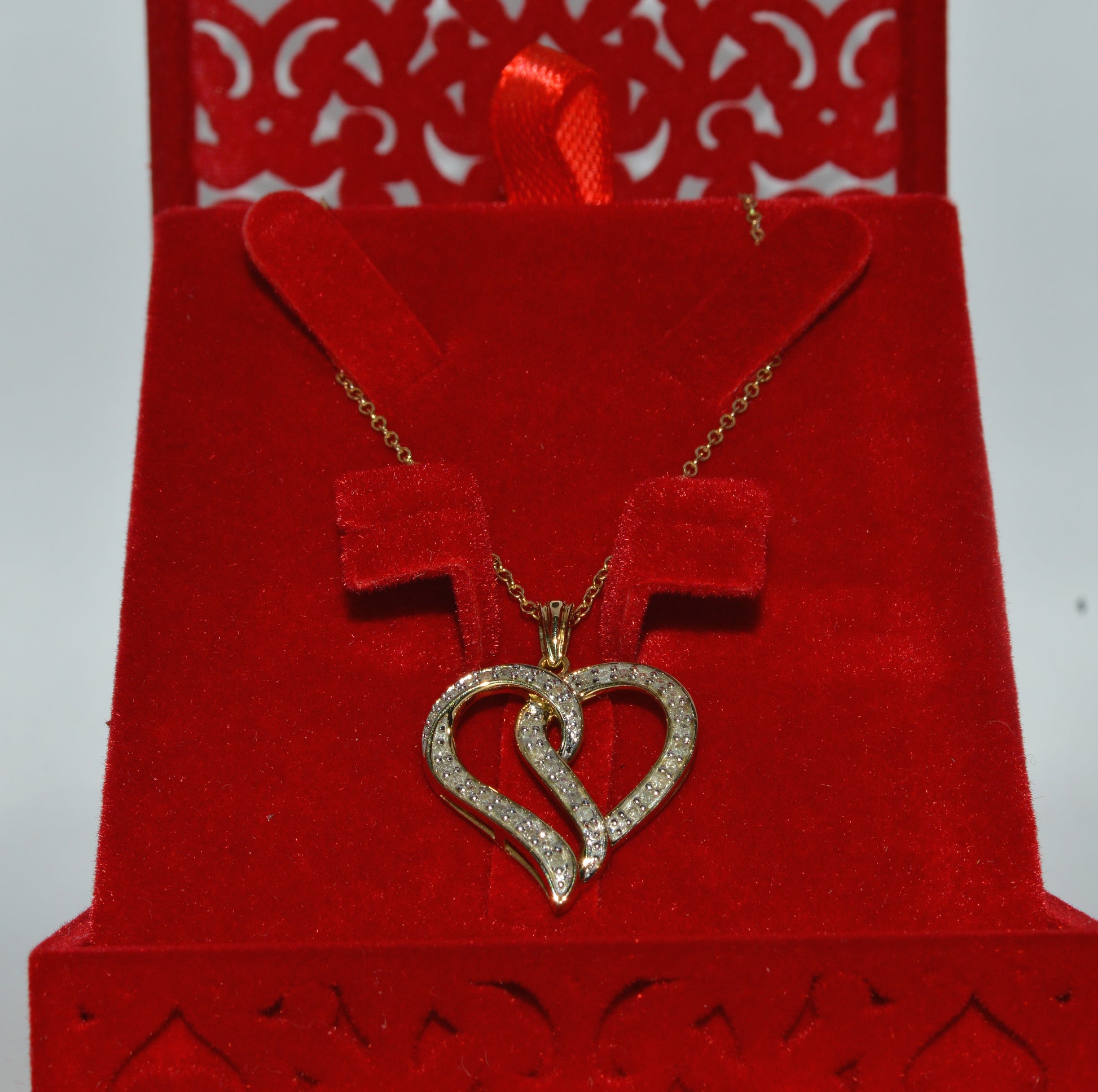 9ct Gold - Openwork Diamond Love Heart Necklace far front on