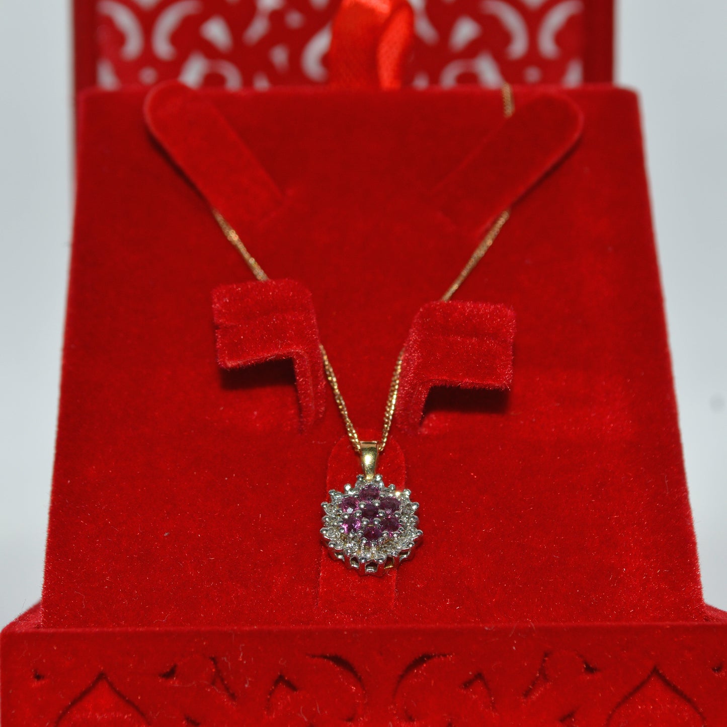 9ct Gold - Ruby & Diamond Cluster Necklace box front on