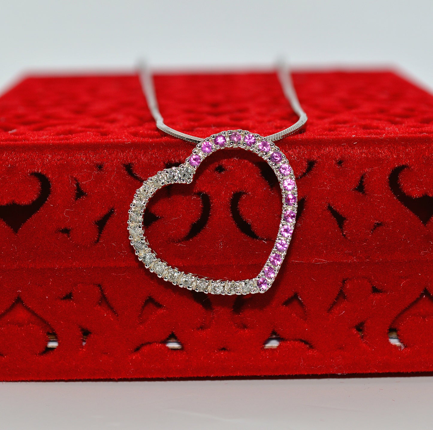 9ct White Gold - Ruby & Diamond Love Heart Necklace front outside box close